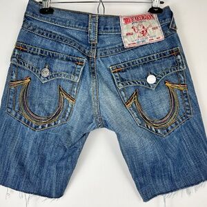 True Religion Joey Big T Denim Shorts sz 32 Blue Multi Western Festival Summer